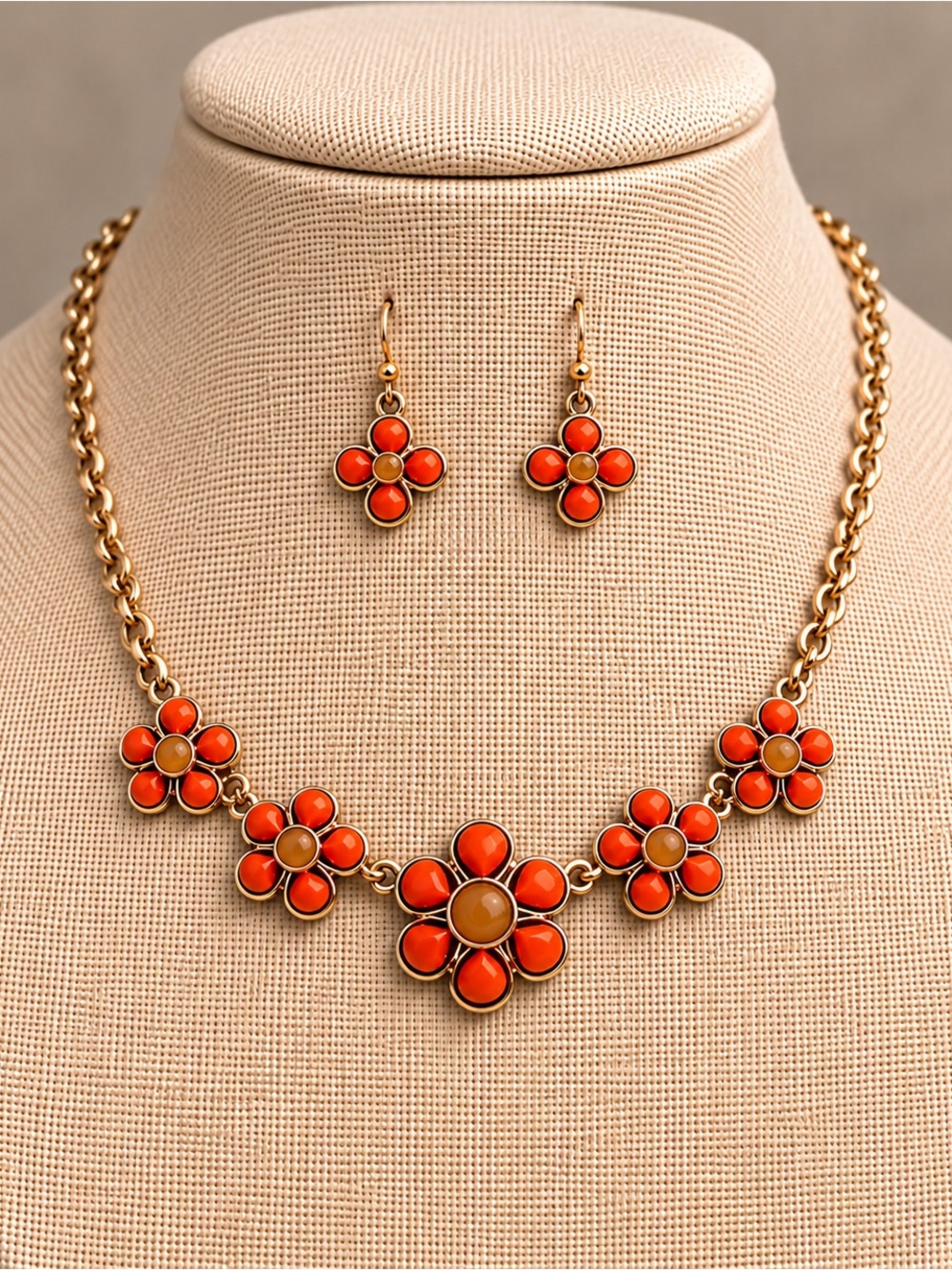 Orange Floral Statement Necklace & Earrings Set – Gold Tone